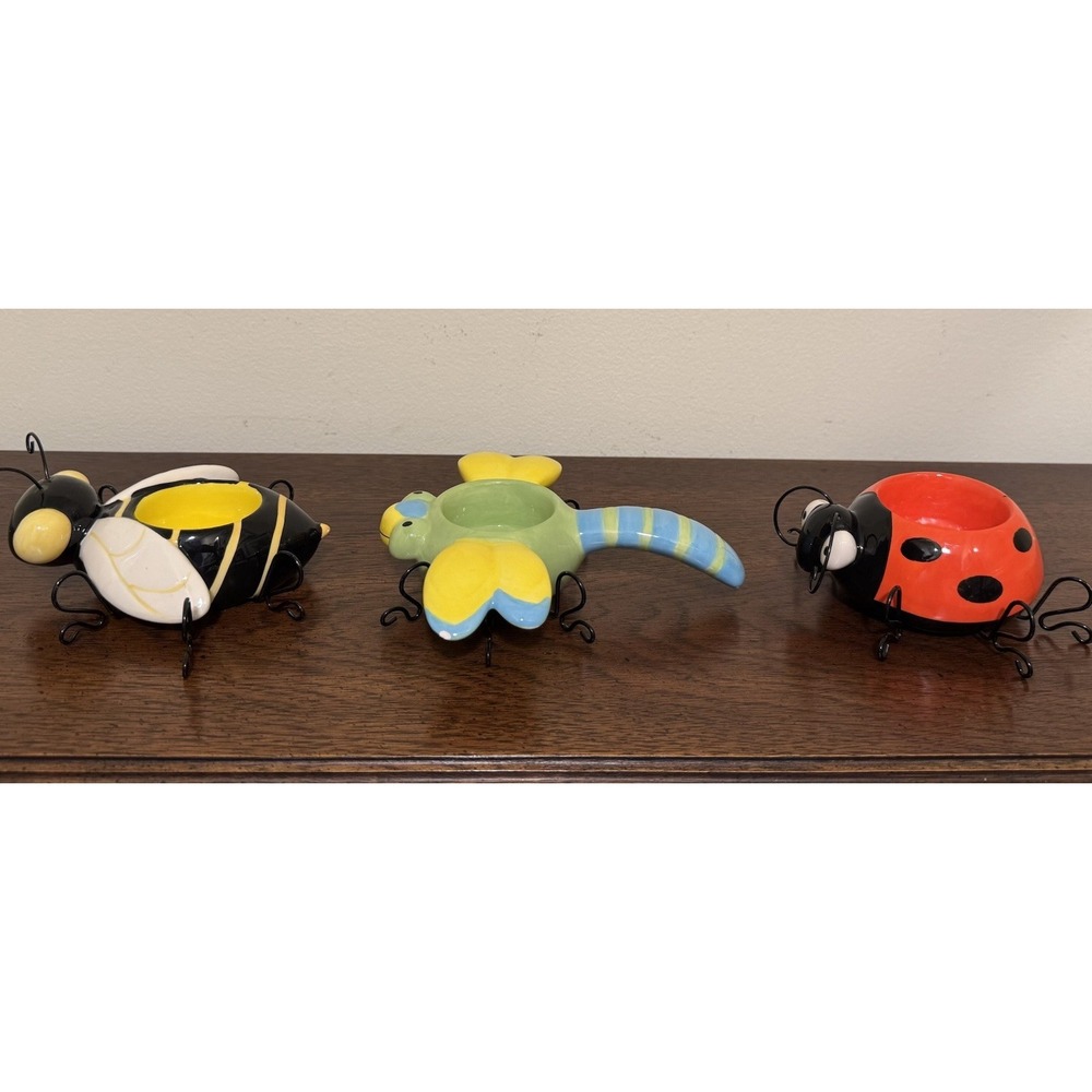 Vintage Ceramic Wire Ladybug Dragonfly Bee Tea Light Holders Candle Decor 3-Set